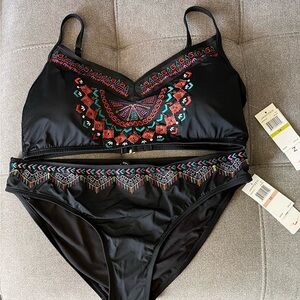 NWT Jantzen Black 2 piece swim Set with Colorful Embroidery.  Size 12/14